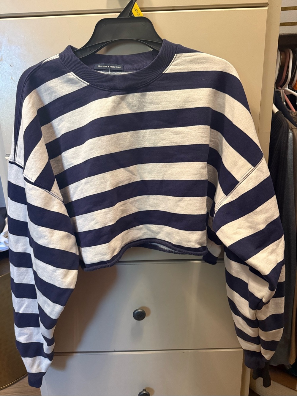 Brandy Melville Navy and White Striped Cropped Sweatshirt